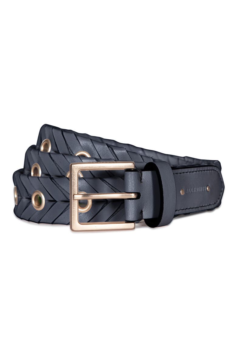 Woven Leather Eyelet Belt, Alternate, color, BLACK / WARM BRASS