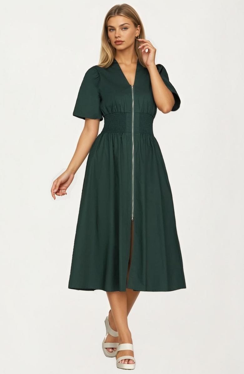 Knit and Lounge Zip-Front Smocked Waist Short Sleeve Midi Dress, Main, color, Green