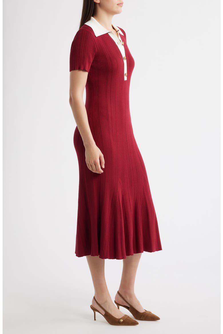Short Sleeve Rib Polo Sweater Dress, Alternate, color, RED/ IVORY
