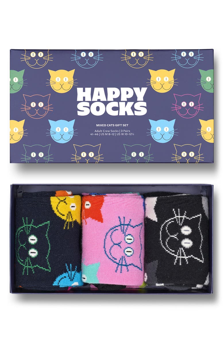 Happy Socks Mixed Cats 3-Pack Cotton Blend Crew Socks Gift Set, Alternate, color,