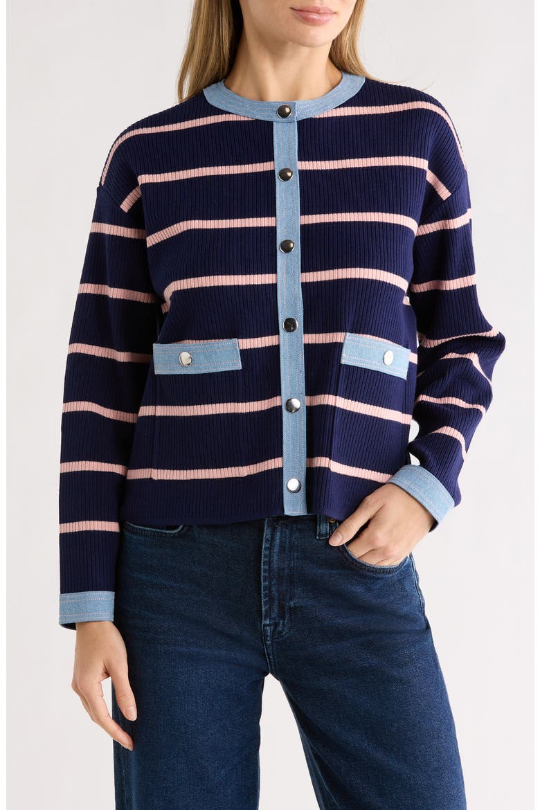 Denim Trim Stripe Ribbed Cardigan, Main, color, NANETTE NAVY PINK/ LIGHT DENIM
