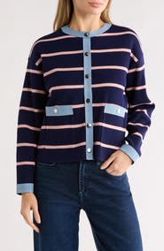 Nanette Lepore Denim Trim Stripe Ribbed Cardigan