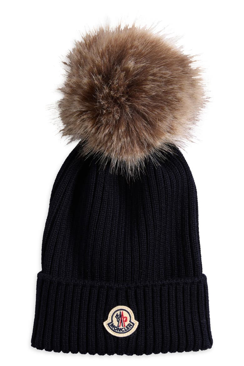Kids' Faux Fur Pompom Wool Beanie, Main, color, BLUE NAVY