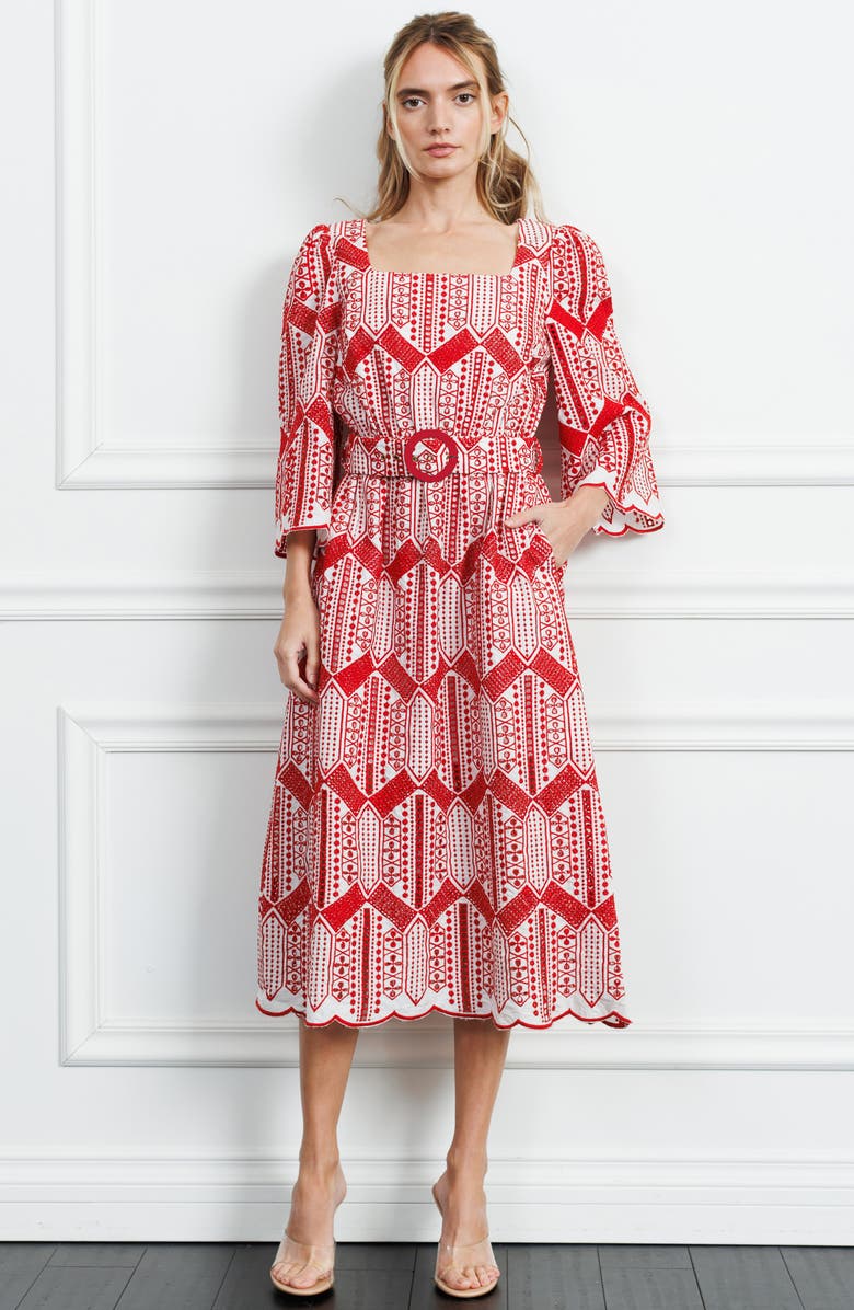 CIEBON Ninita Embroidered Cotton Blend Midi Dress, Alternate, color, 