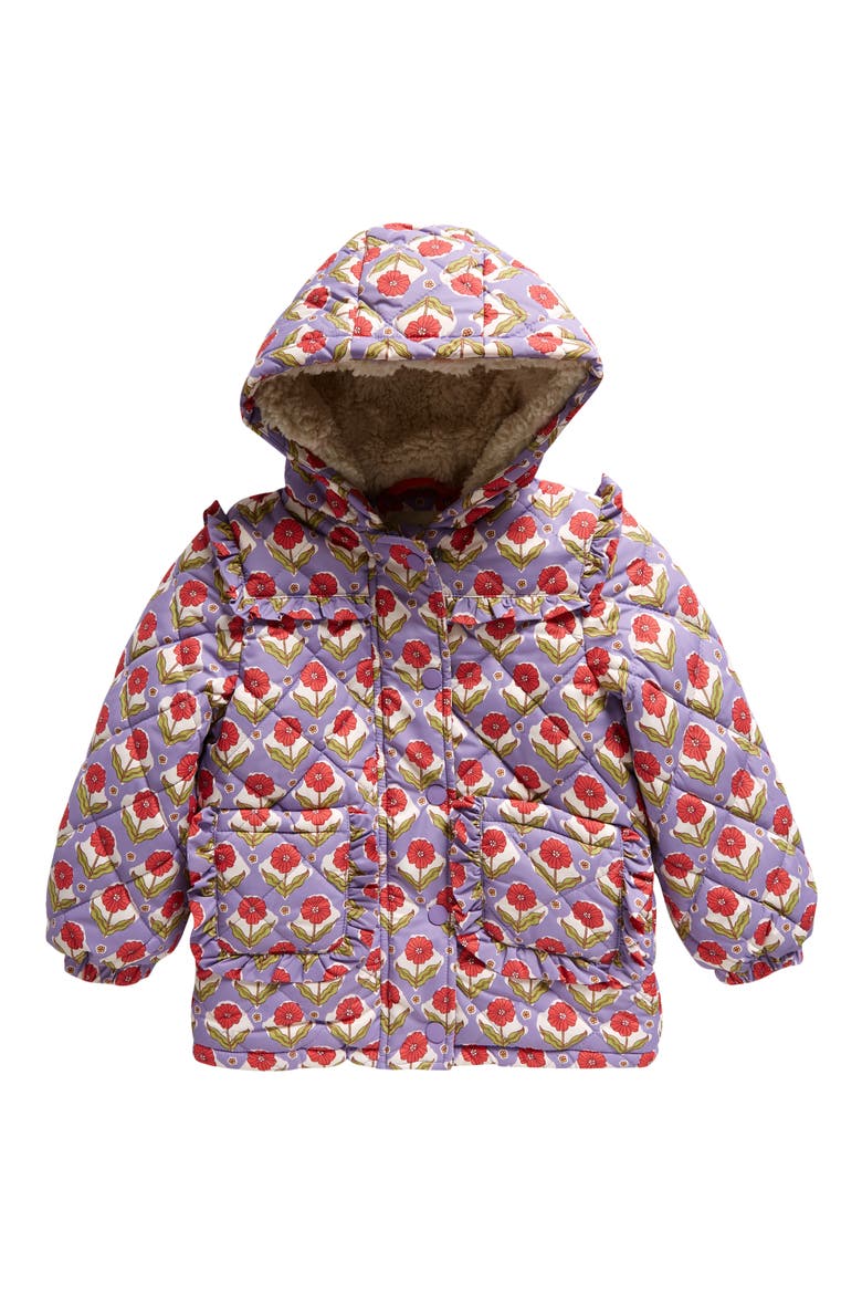Kids' Floral Hooded Puffer Jacket with High Pile Fleece Lining, Main, color, ASTER PURPLE WOODBLOCK FLOWER