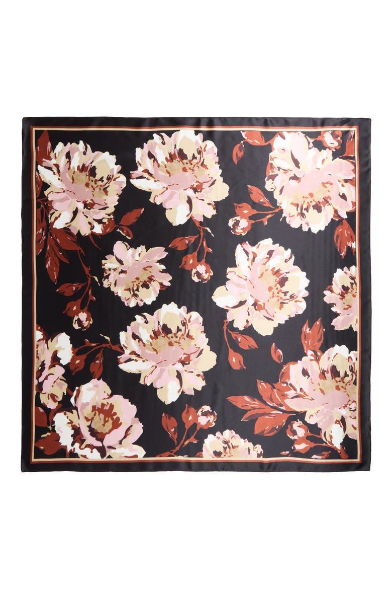Print Square Silk Scarf, Alternate, color, BLACK- PINK PAYTON PEONY