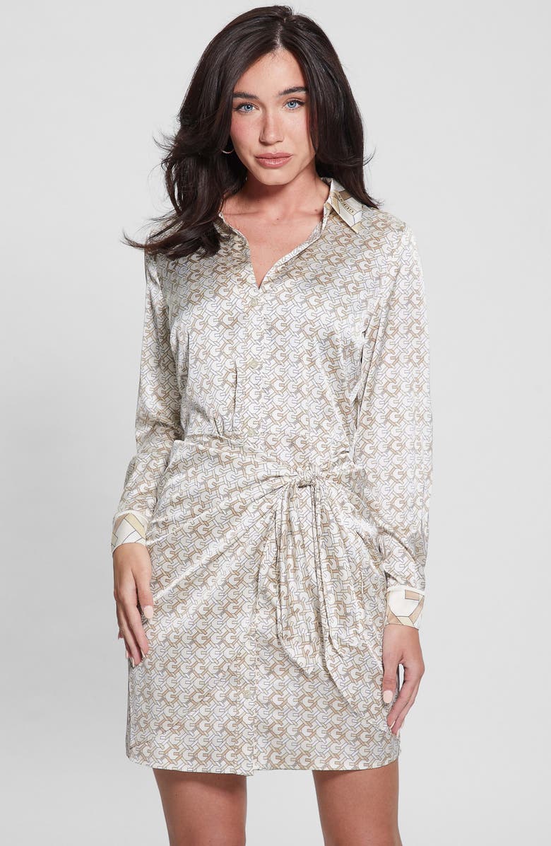 GUESS Tie Waist Long Sleeve Satin Shirtdress, Alternate, color, 
