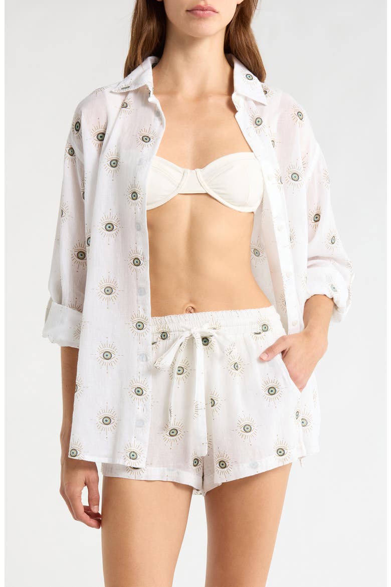 Evil Eye Print Button-Up Cover-Up Shirt, Main, color, WHITE EVIL EYE