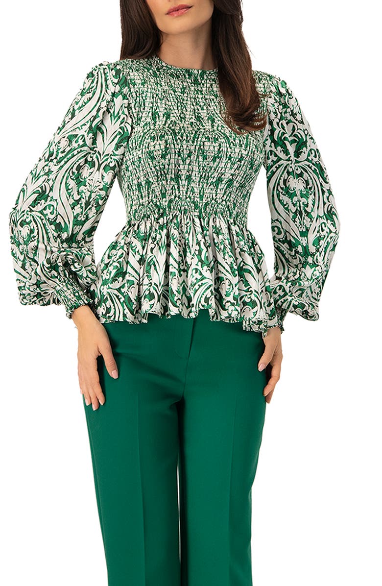 IVONNE Green Baroque Print Smocked Peplum Blouse, Main, color, Green