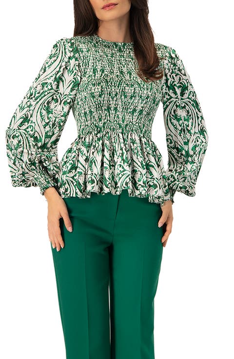 Green Baroque Print Smocked Peplum Blouse