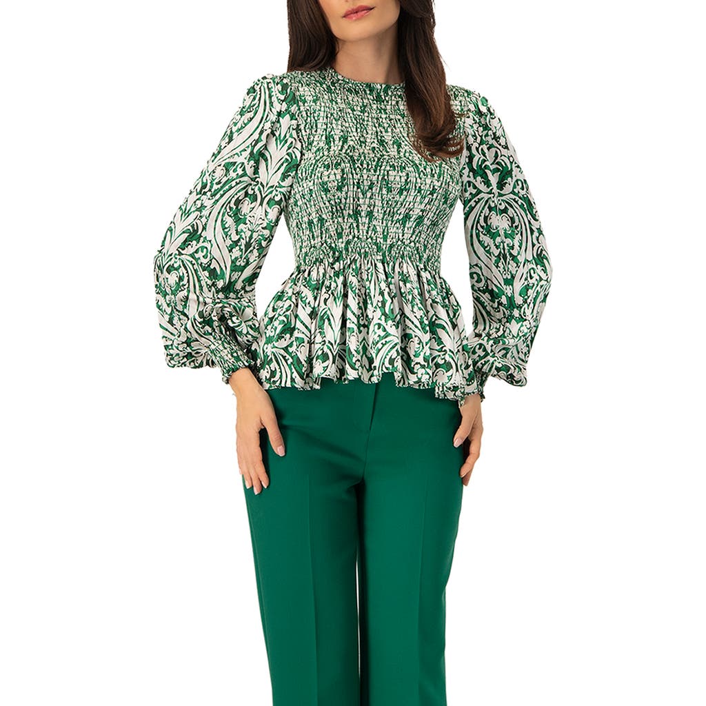 Ivonne Green Baroque Print Smocked Peplum Blouse