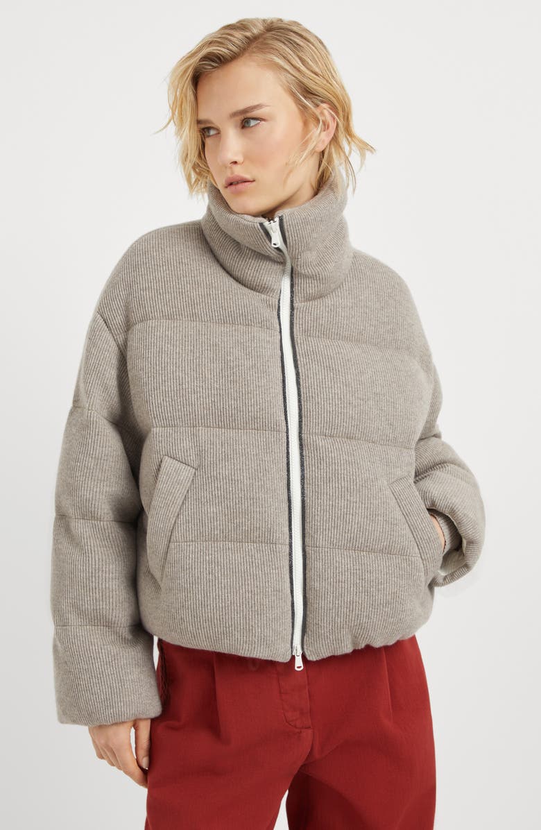 Brunello Cucinelli Cashmere English rib knit down jacket with shiny trims, Alternate, color, 