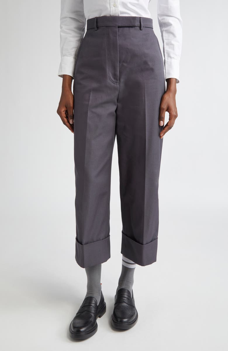 Thom Browne High Waist Straight Leg Cotton Canvas Crop Pants, Main, color, 
