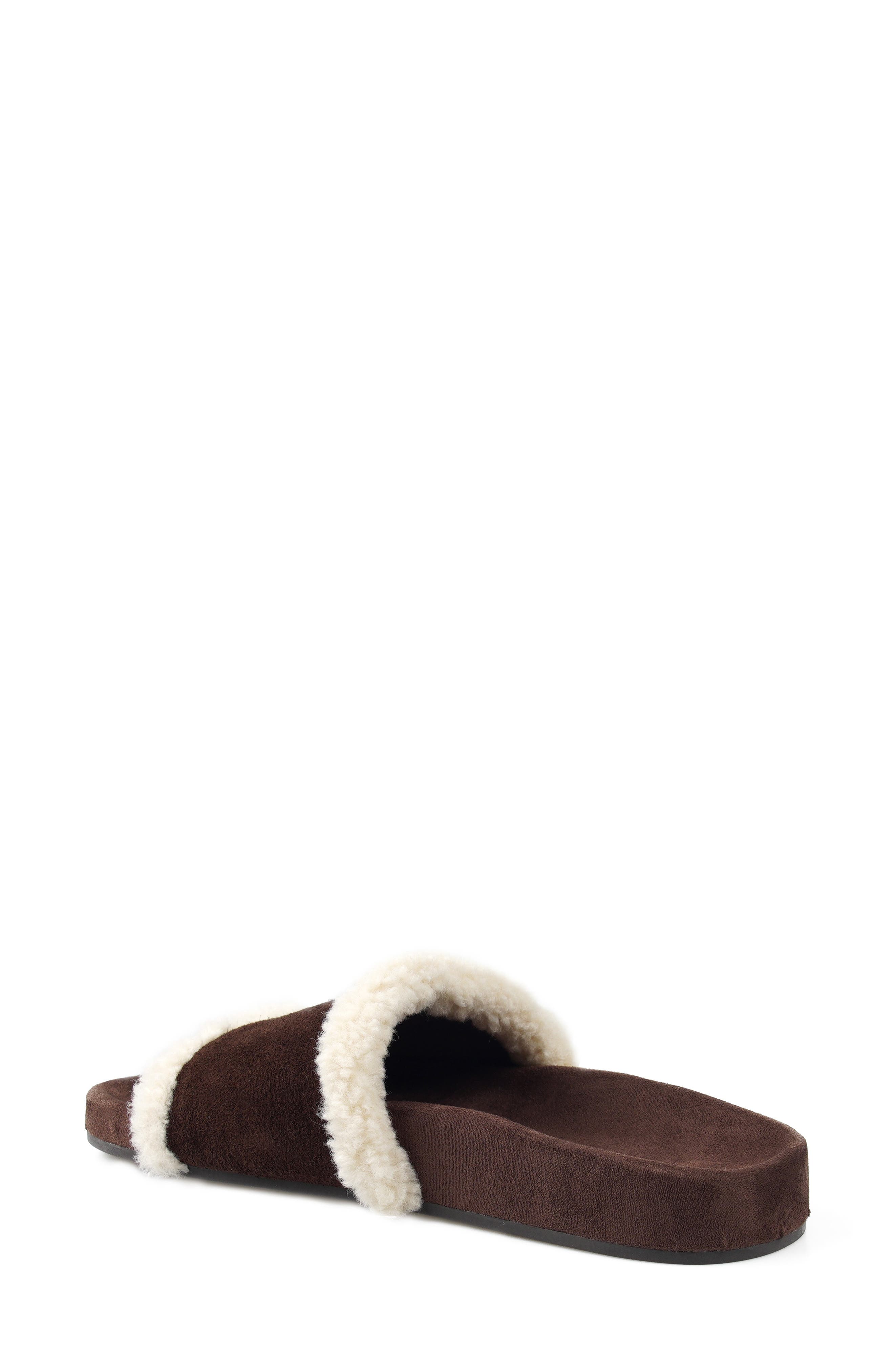 Tawney Faux Fur Trim Slide Sandal, Alternate, color, BROWN SUEDE