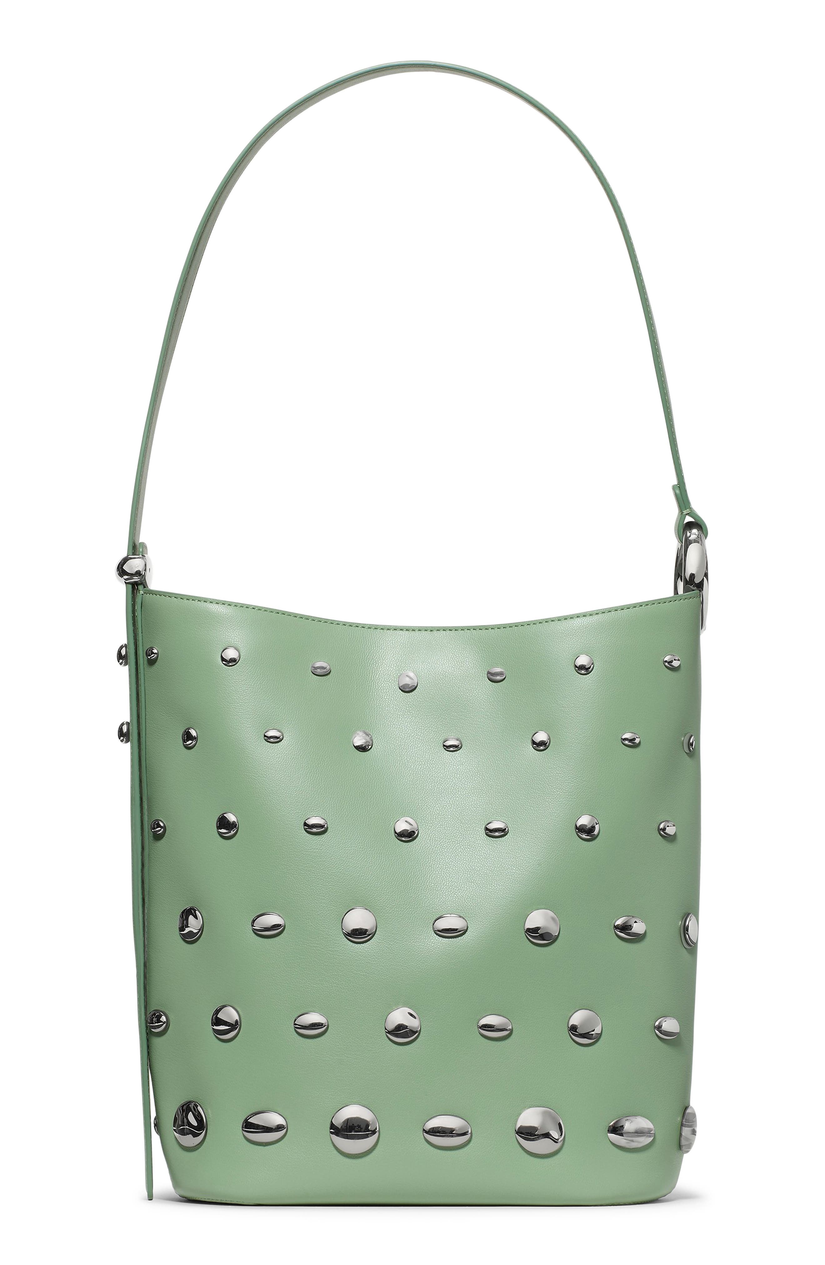 Kate Spade New York halo stud fine grain leather bucket bag, Main, color, Crisp Sage