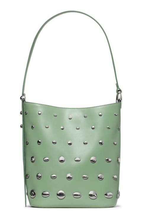 halo stud fine grain leather bucket bag