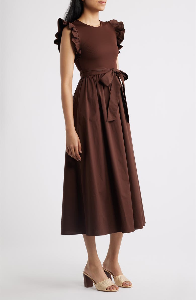 Anne Klein Ruffle Mixed Media Midi Dress, Alternate, color, Dark Chocolate