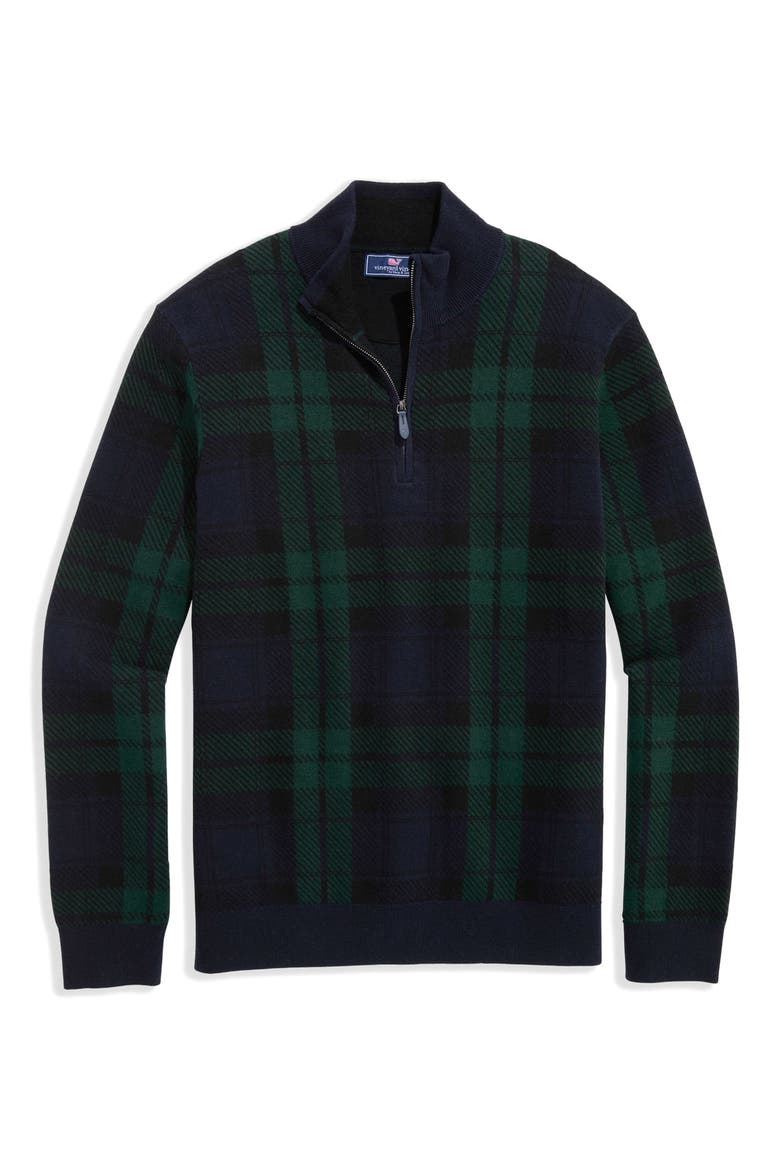 Plaid Quarter Zip Merino Wool & Cotton Sweater, Main, color, BLACKWATCH PLAID