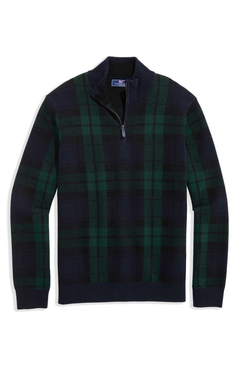vineyard vines Plaid Quarter Zip Merino Wool & Cotton Sweater, Main, color, Blackwatch Plaid