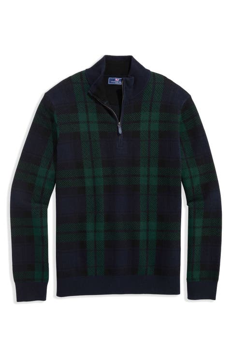 Plaid Quarter Zip Merino Wool & Cotton Sweater
