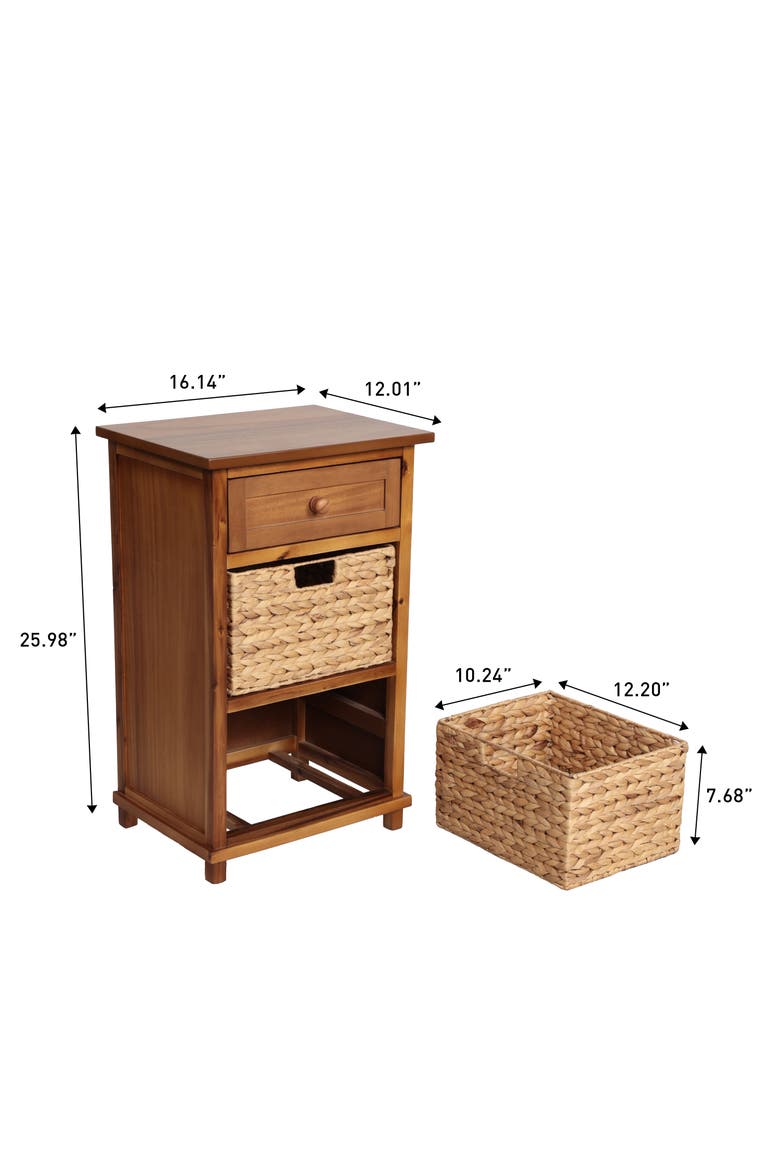 Malibu Rustic Handcrafted Acacia Wood Accent Storage Nightstand with Drawer and 2 Water Hyacinth Woven Baskets, Alternate, color, Natural