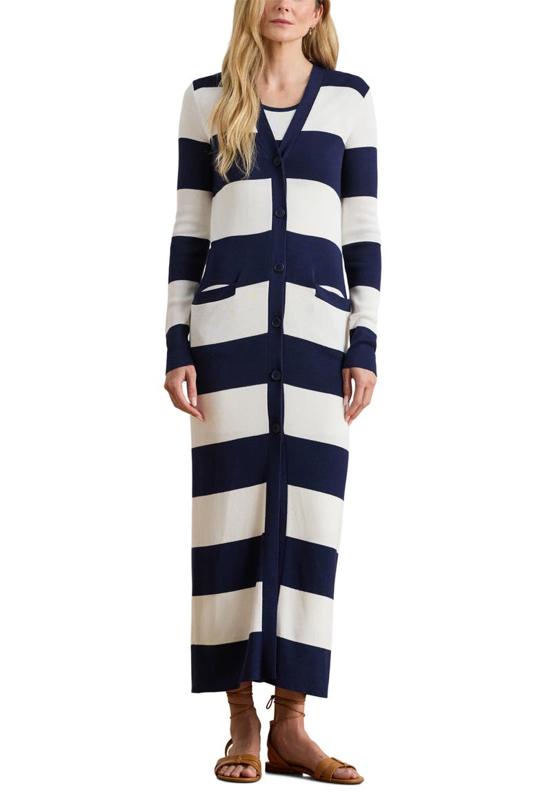Stripe Longline Cotton Blend Cardigan, Main, color, REFINED NAVY BLUE/ WHITE