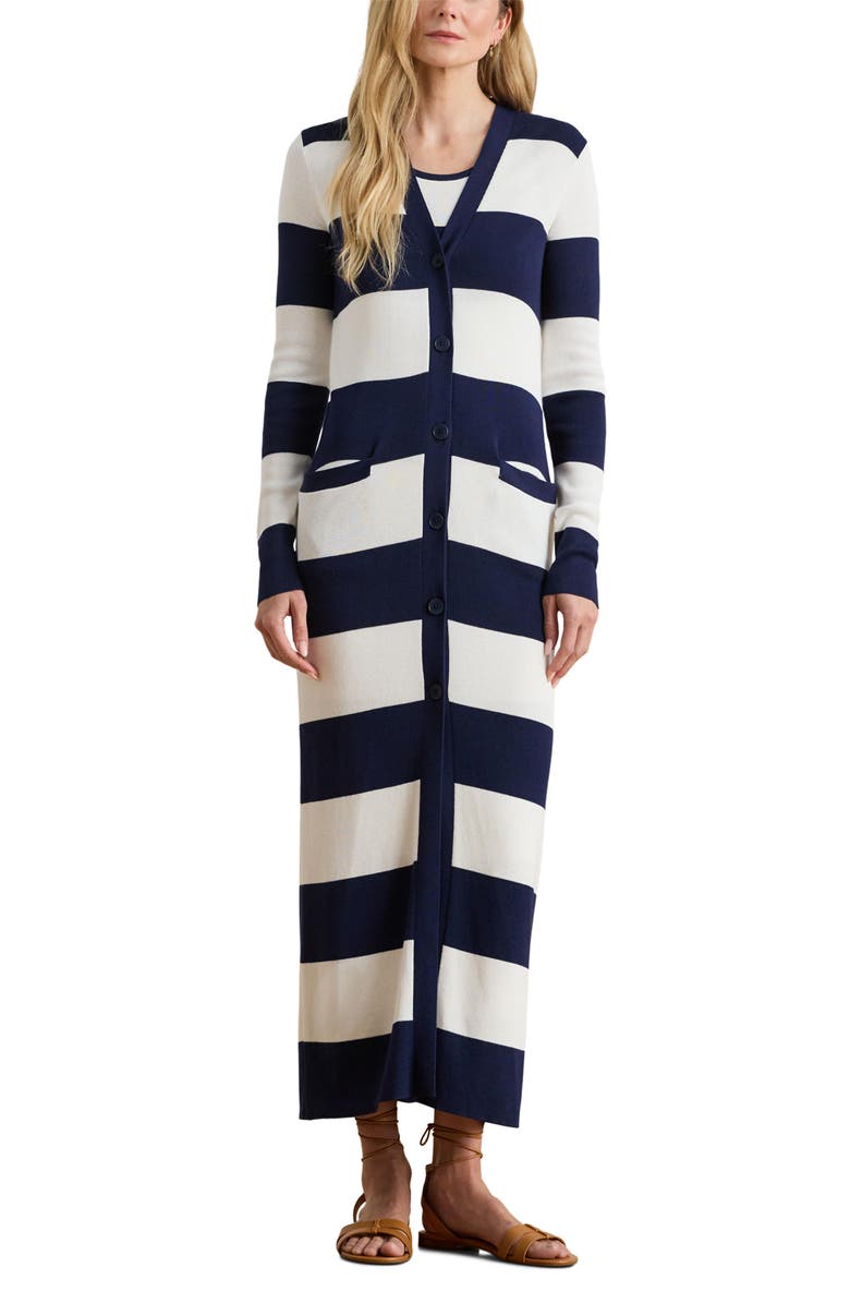 Lauren Ralph Lauren Stripe Longline Cotton Blend Cardigan, Main, color, Refined Navy Blue/ White