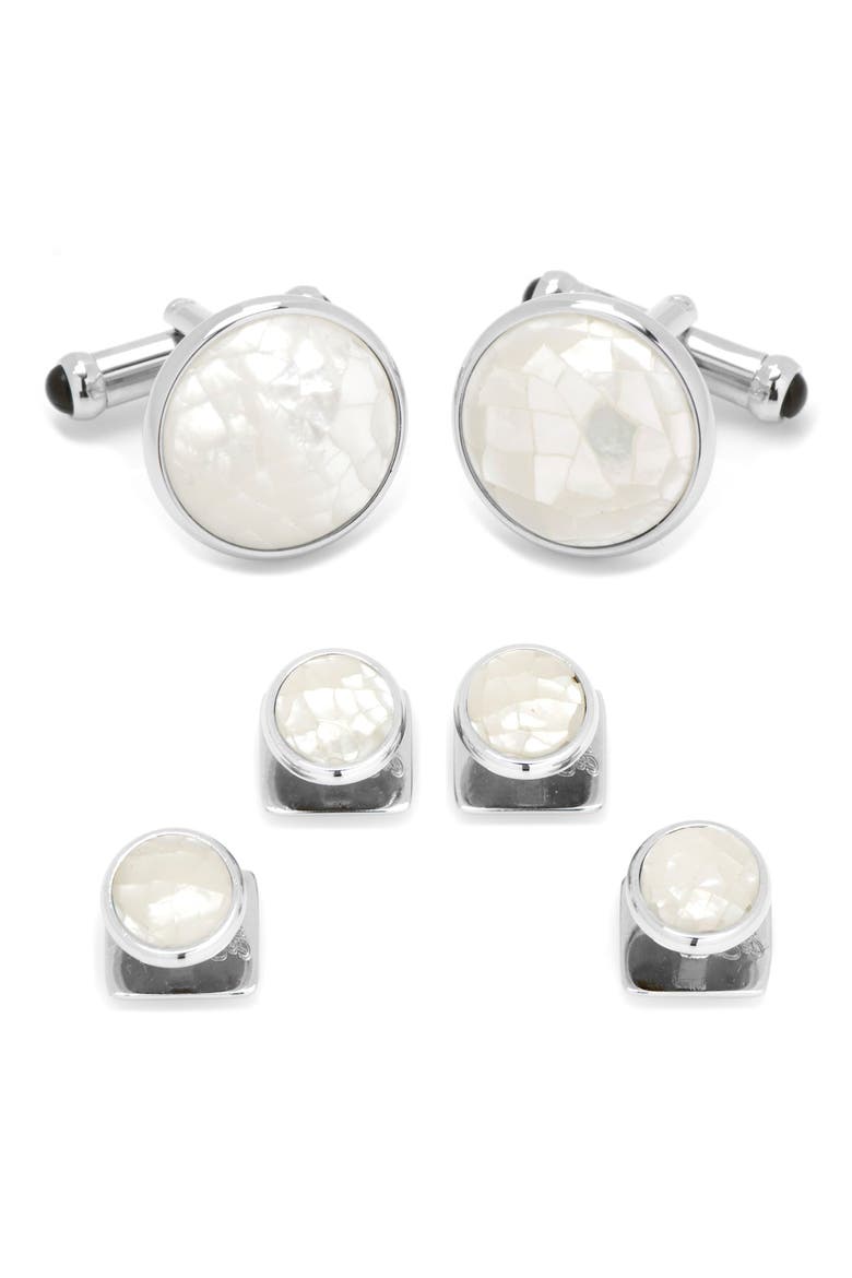 Mother-of-Pearl Cuff Link & Shirt Stud Set, Main, color, SILVER/ WHITE