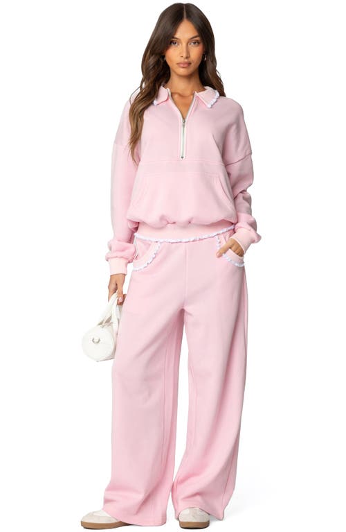 Edikted Ashtin Ruffle Trim Half Zip Sweatshirt In Light-pink