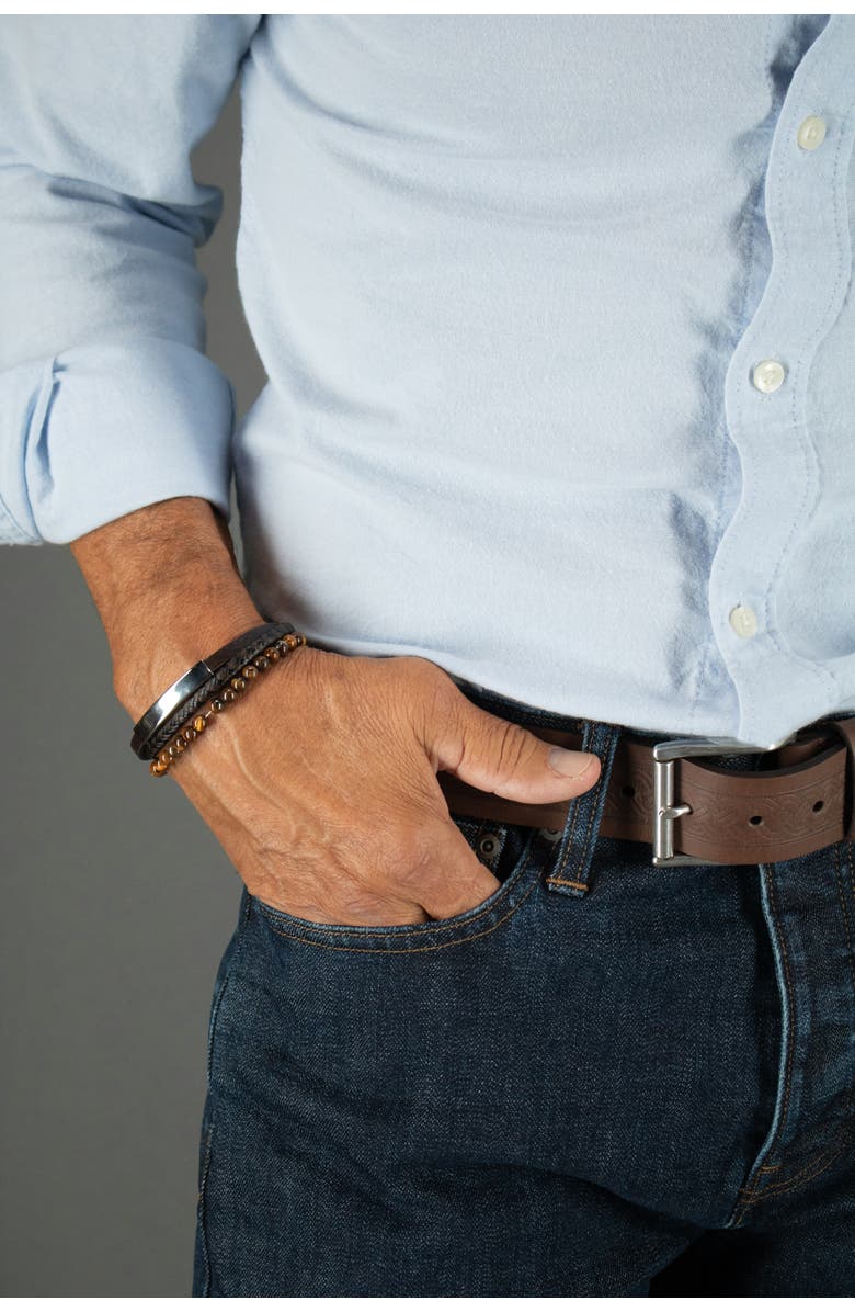 Trafalgar Loose Fit Beaded and Leather 3 Strand Bracelet, Alternate, color, Brown