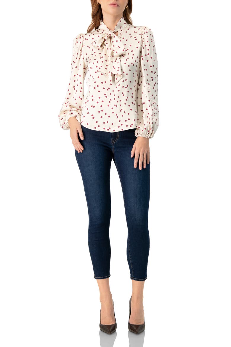 Long Sleeve Polka Dot Blouse with Neck Tie, Alternate, color, Ivory