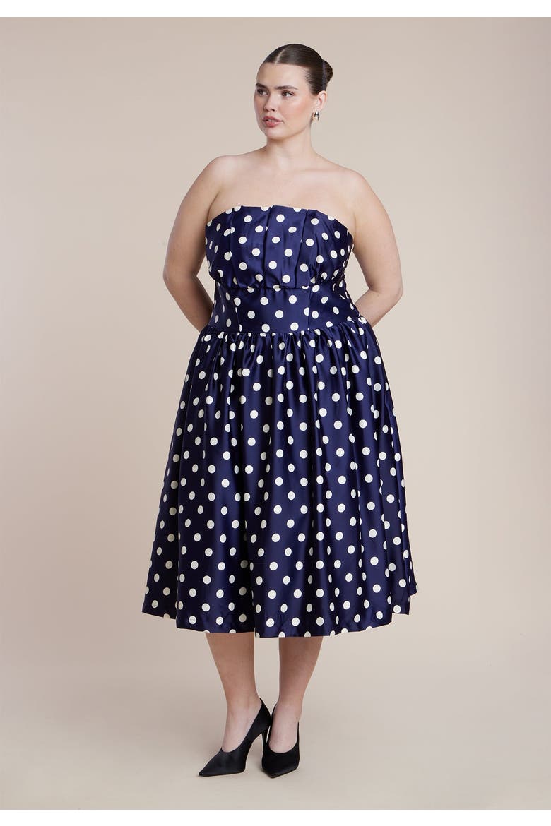Strapless Polka Dot Flare Midi Dress, Alternate, color, EVENING DOT
