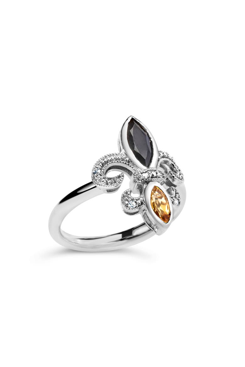Silver Onyx, Citrine and Diamond Accent Fleur De Lis Ring, Alternate, color, White