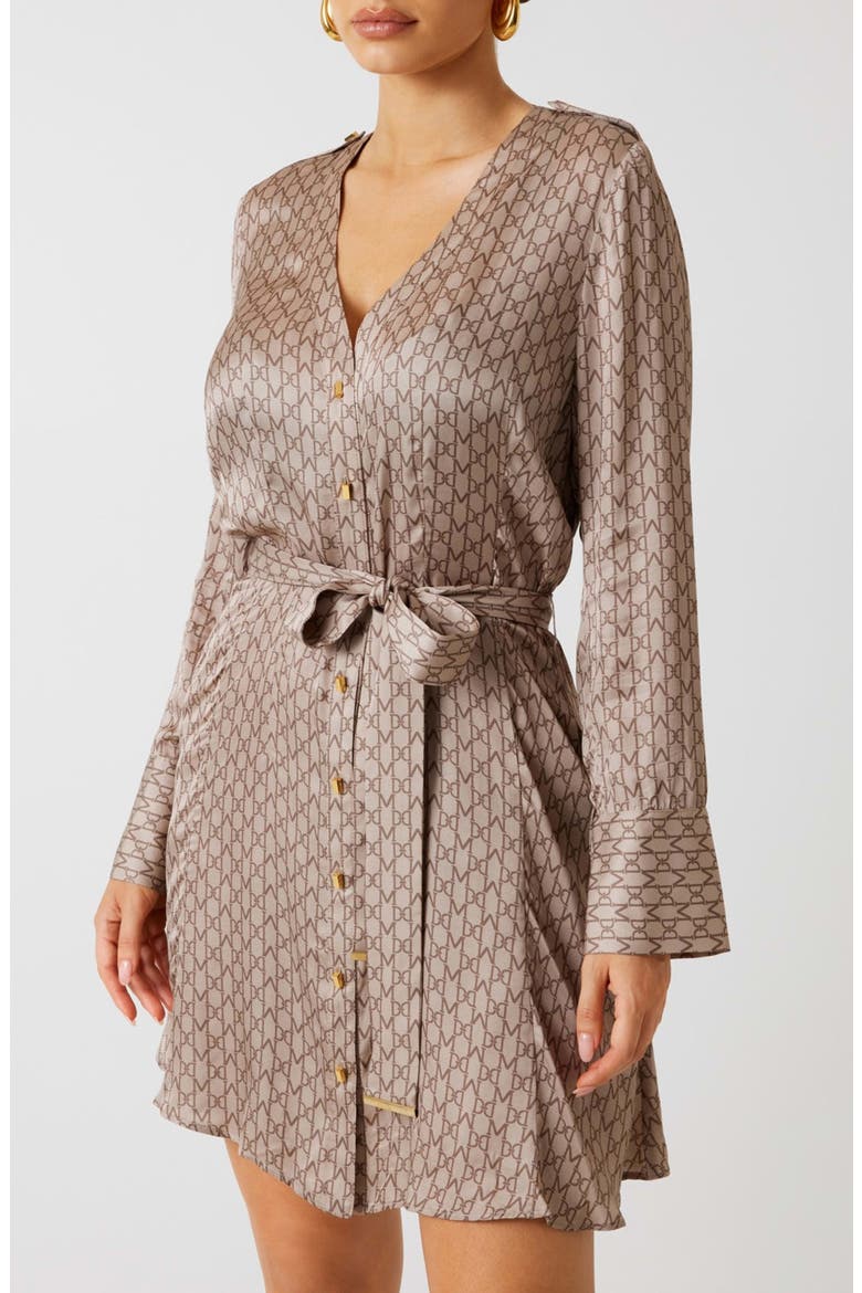 Britney Logo Print Long Sleeve Satin Shirtdress, Main, color, BEIGE