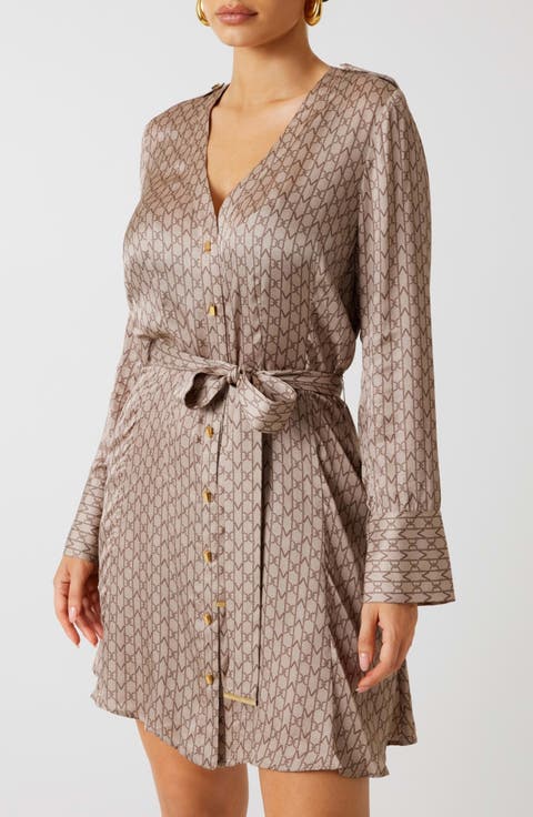 Britney Logo Print Long Sleeve Satin Shirtdress