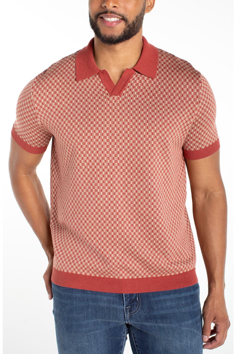 Geo Pattern Johnny Collar Polo Sweater, Main, color, RUST TAN