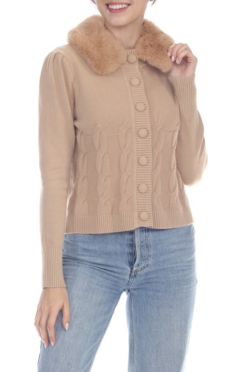 Rain And Rose Faux Fur Collar Cable Stitch Cardigan In Camel