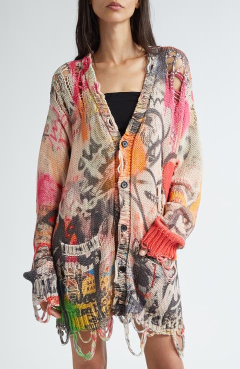 Graffiti Print Distressed Cotton Cardigan