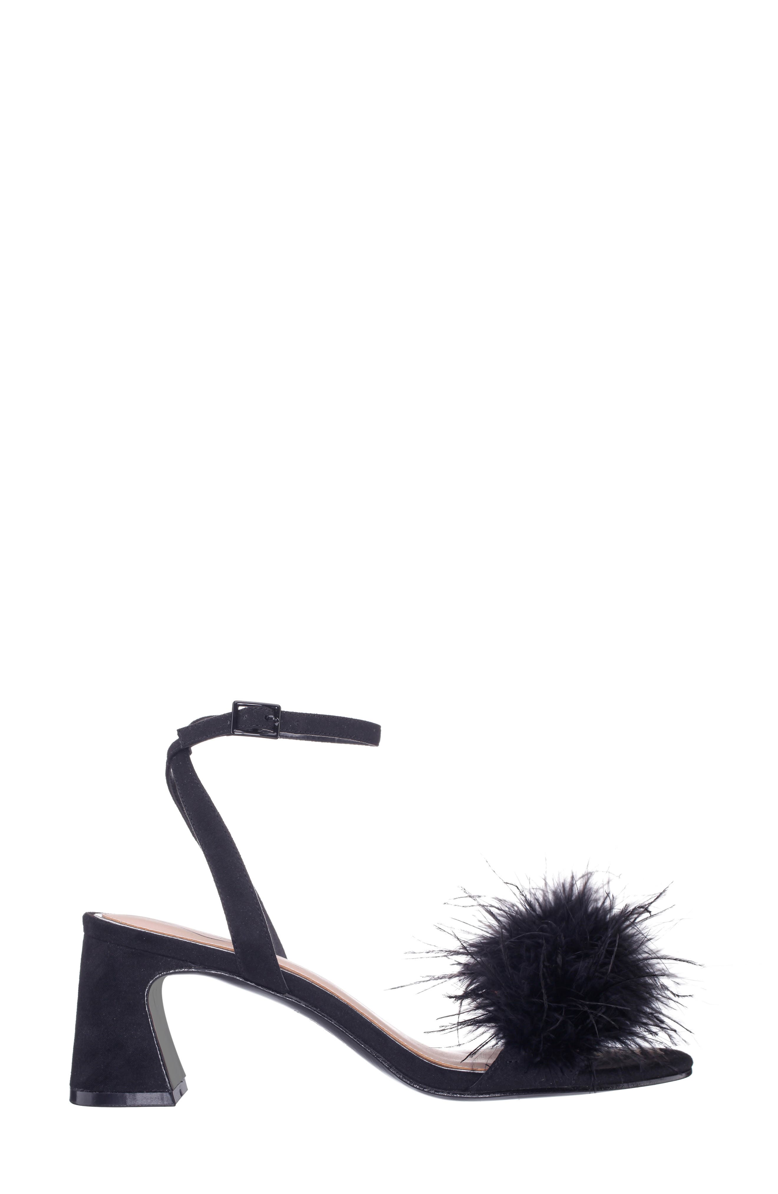 Nina Bev Ankle Strap Faux Feather Sandal, Alternate, color, Black