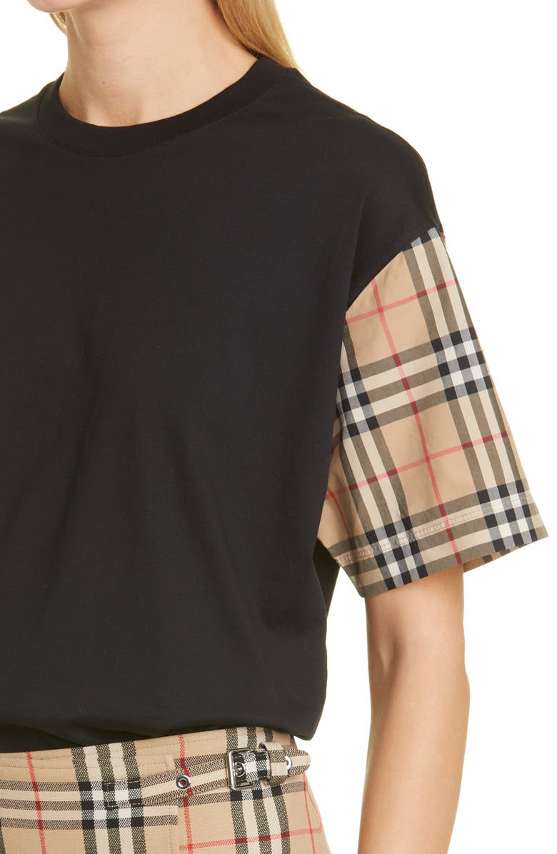 Burberry Carrick Check Sleeve Oversize Cotton T-Shirt, Alternate, color, Black