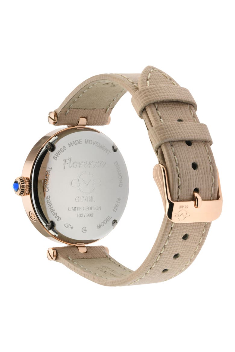 Florence Mother of Pearl Dial Diamond Leather Strap Watch, 36mm - 0.009ct., Alternate, color, BEIGE