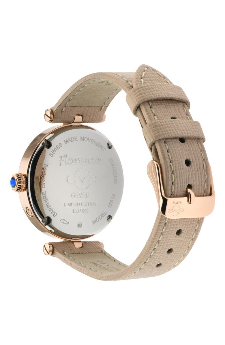 GV2 Florence Mother of Pearl Dial Diamond Leather Strap Watch, 36mm - 0.009ct., Alternate, color, Beige