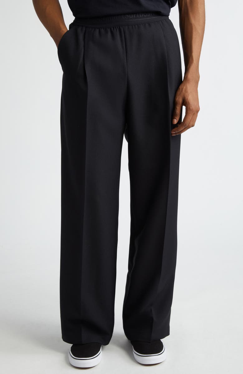 STOCKHOLM SURFBOARD CLUB Elaine Logo Jacquard Waist Pleated Wide Leg Pants, Main, color, B90 Black