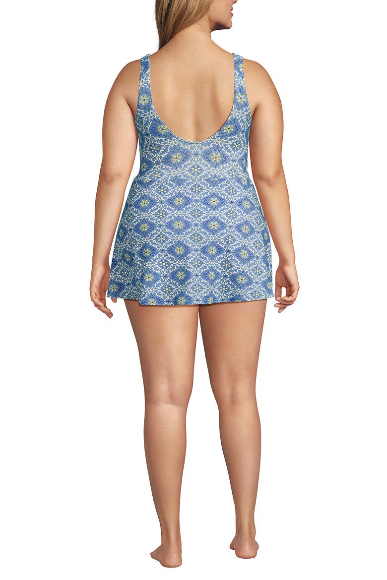 Side Tie Mini Swim Dress Swimsuit, Alternate, color, Lake Blue/Geo Floral Border