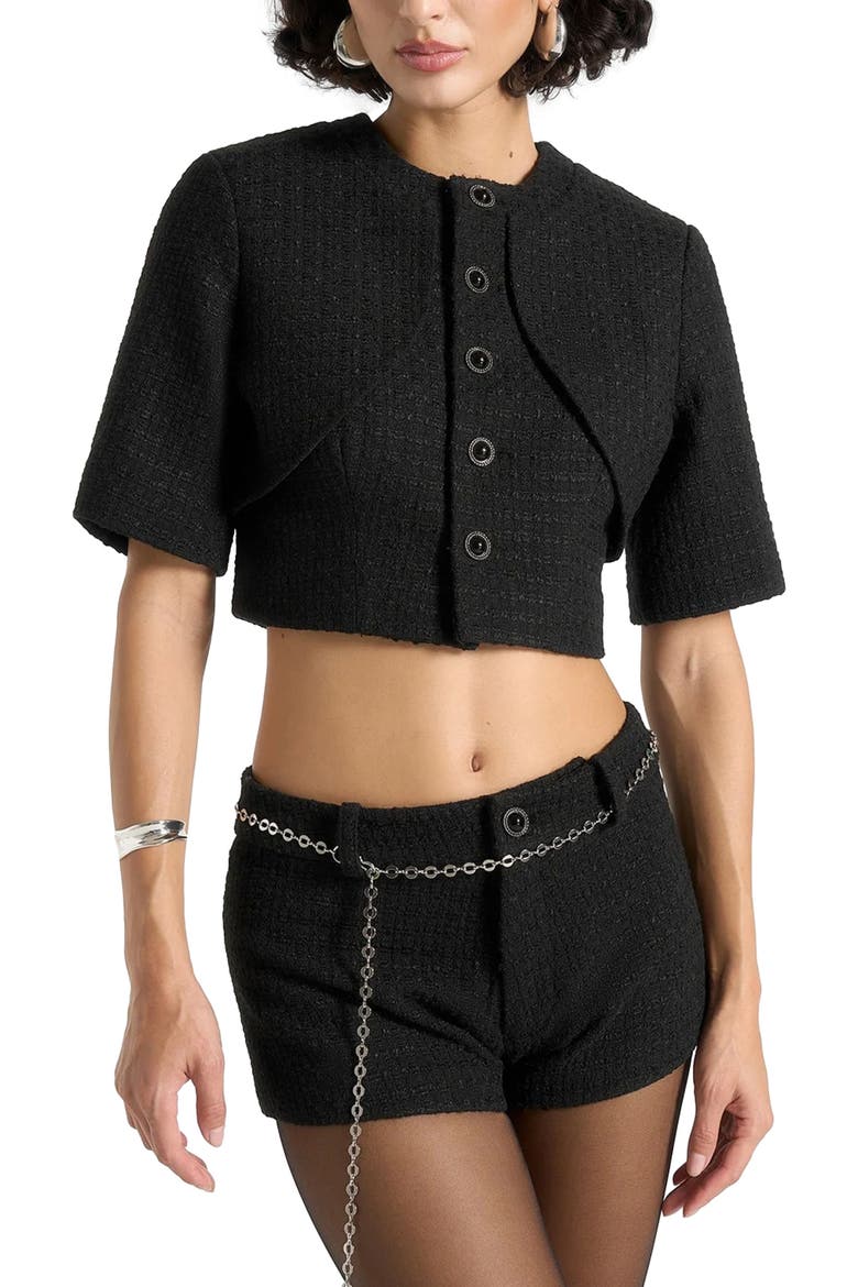 Alba Tweed Mock Neck Curve Detailing Top, Alternate, color, Black