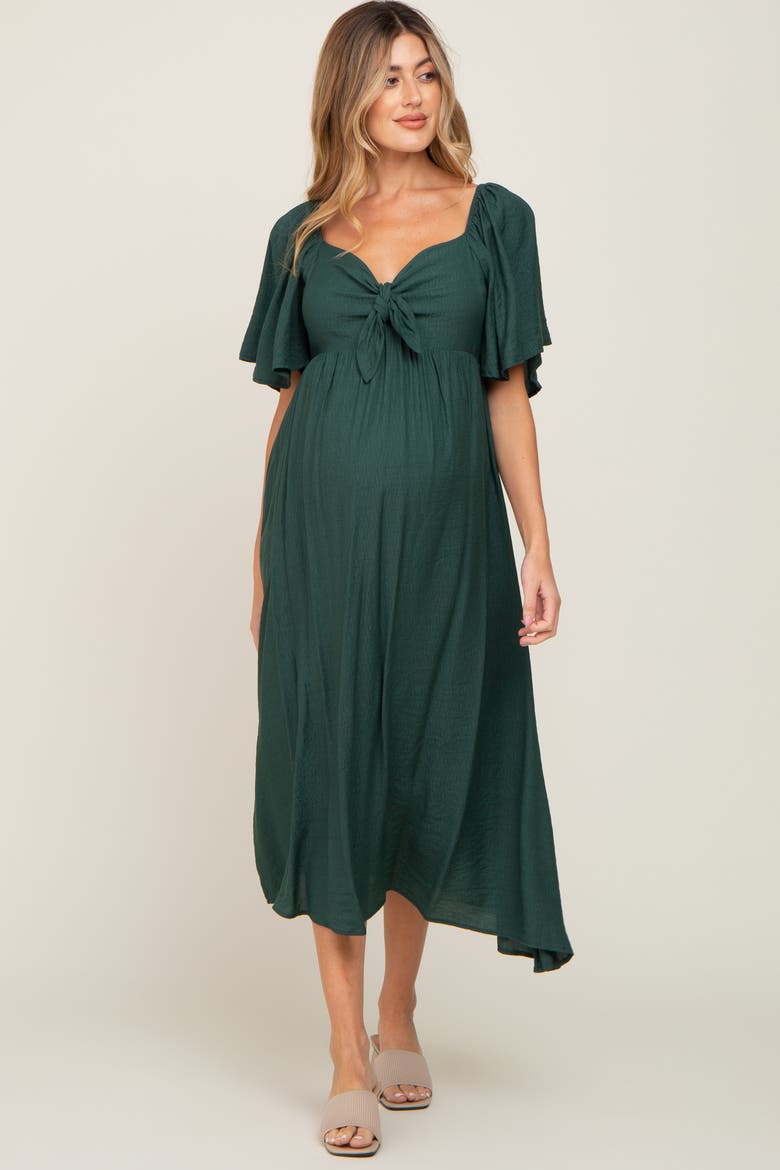 Front Tie Ruffle Sleeve Midi Dress, Alternate, color, Forest Green