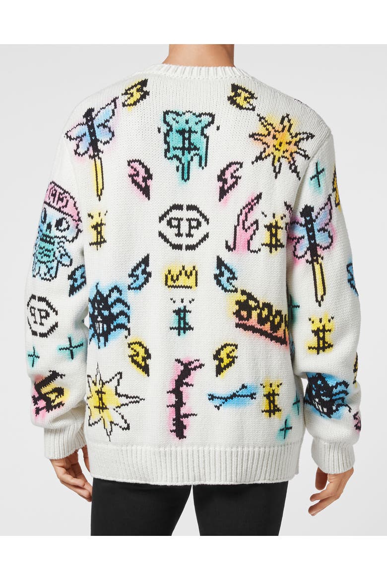 Wool Cotton Pullover Round Neck Ls Tattoo Monogram Men, Alternate, color, white