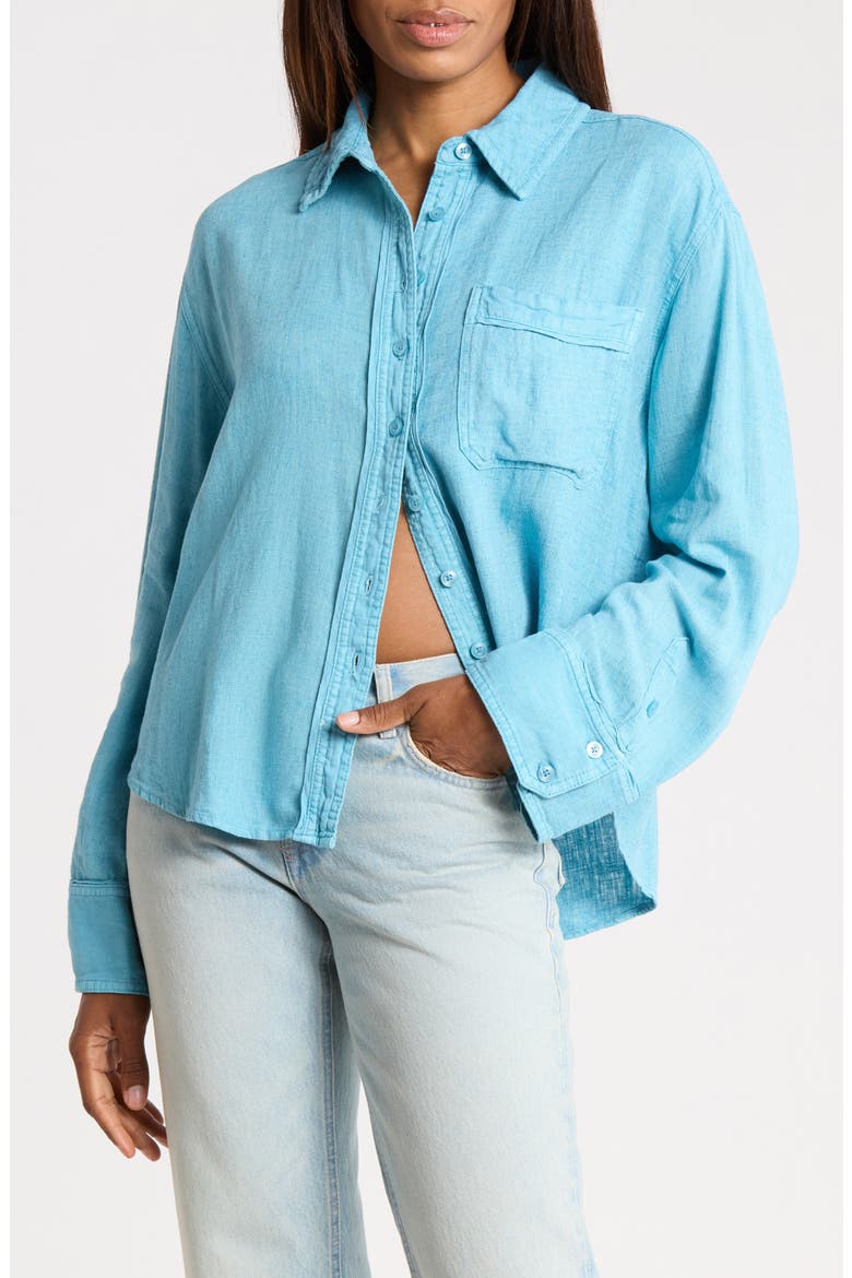 Laurel Linen Blend Button-Up Shirt, Main, color, MILKY BLUE