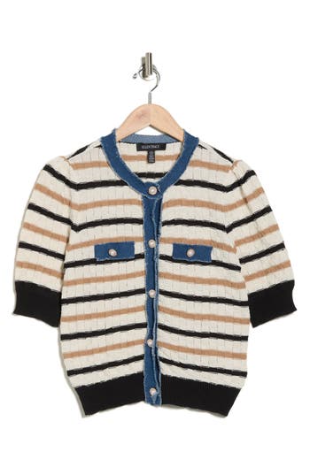 Ellen Tracy Frayed Denim Trim Short Sleeve Cardigan In Multi