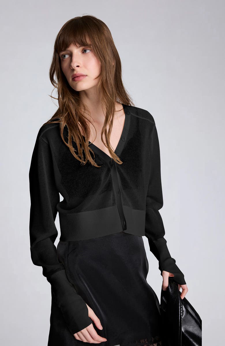 Kenneth Cole Crop Sheer Saddle Shoulder Cardigan, Alternate, color, Black